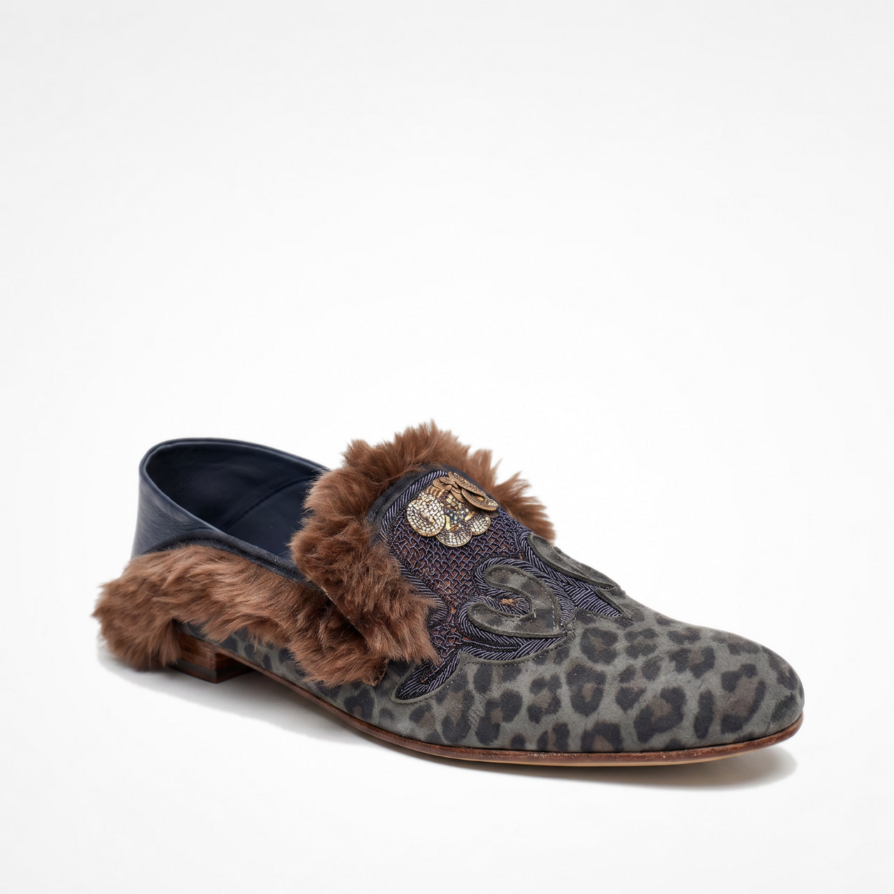 Grey leopard-print suede Ottoman Loafer with raised embroidered vamp, navy leather heel and faux-shearling trim