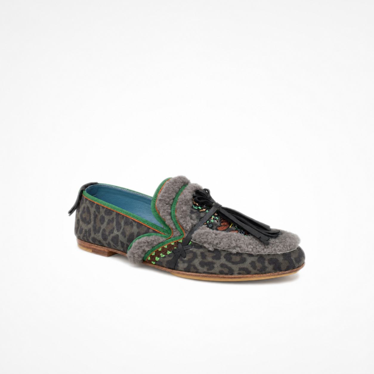 Grey leopard-print suede Oud Loafer with green piping, faux-shearling trim and decorative embroidery