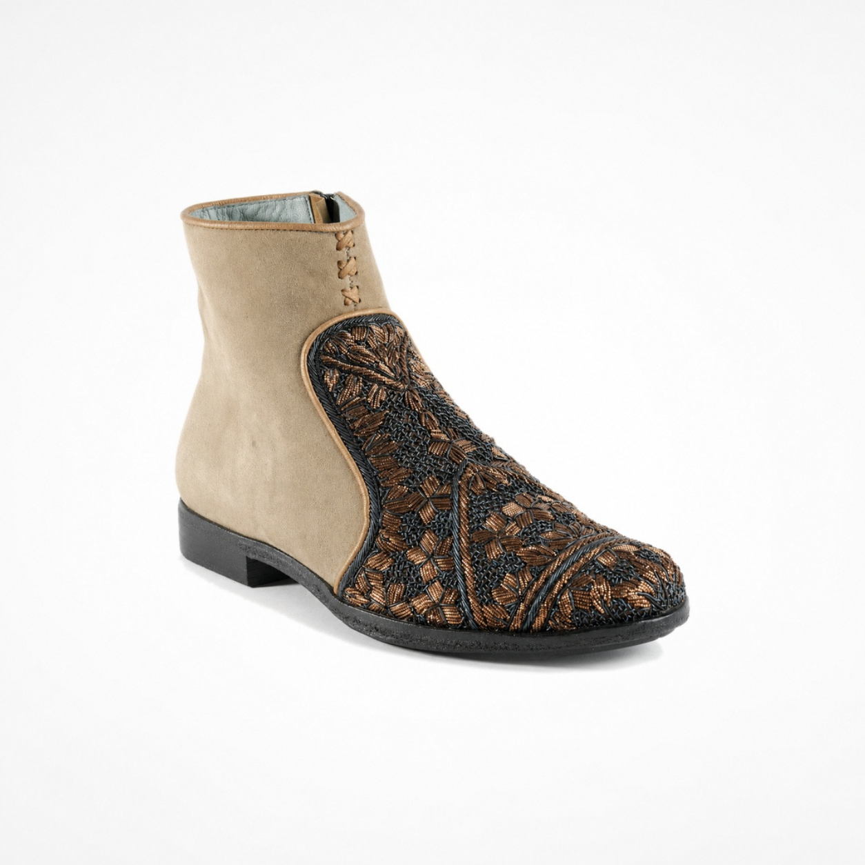 Camel-beige suede Queen Neva ankle boot with metallic bronze embroidery, navy detailing and contrasting piping