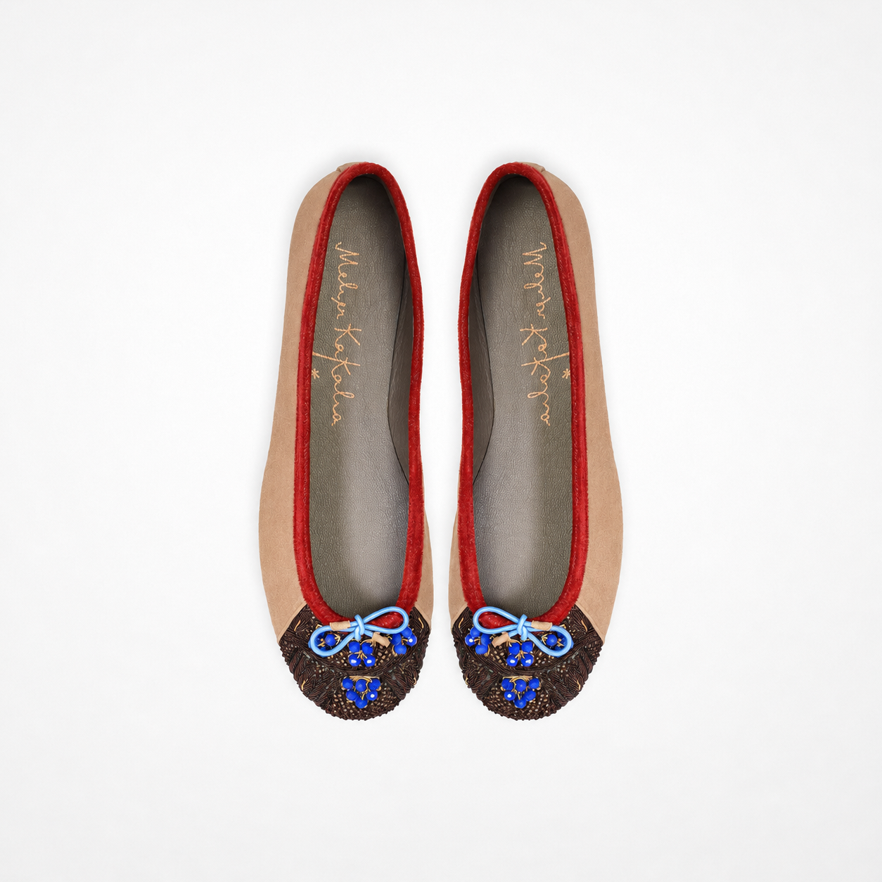 Pair of camel-brown velvet Bizi Ballet Classic flats with dark blue embroidered toe caps, red piping and bow details
