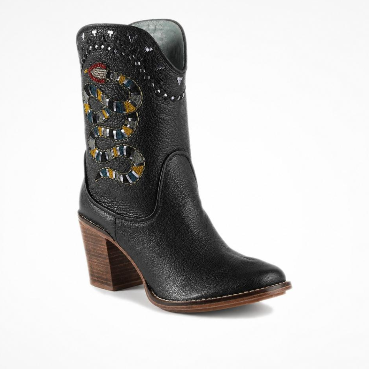 Black leather NUWA heeled boot with a high block heel, embroidered snake motif and reflective mirror details