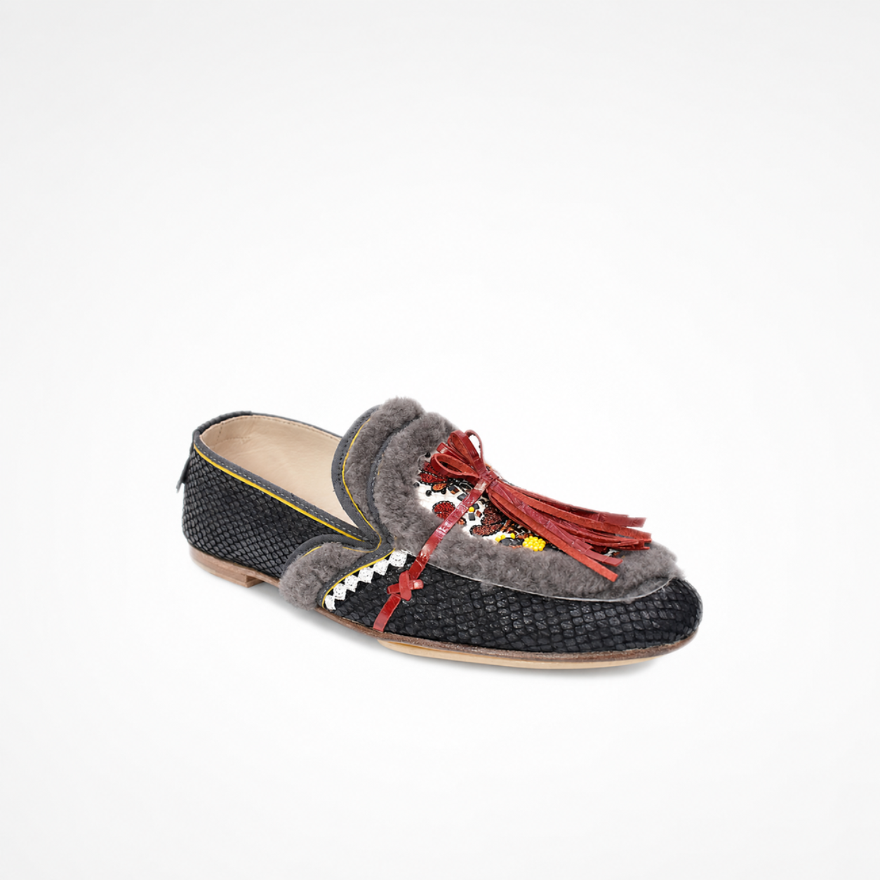 Black textured leather Oud Loafer with embroidered tongue, faux-shearling trim and long red leather tassels