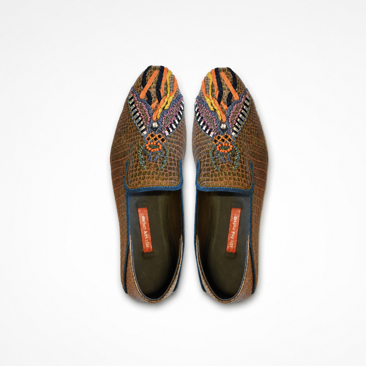 Pair of olive-brown croc-effect leather Luna Loafers showing multicolour winged insect embroidery from above