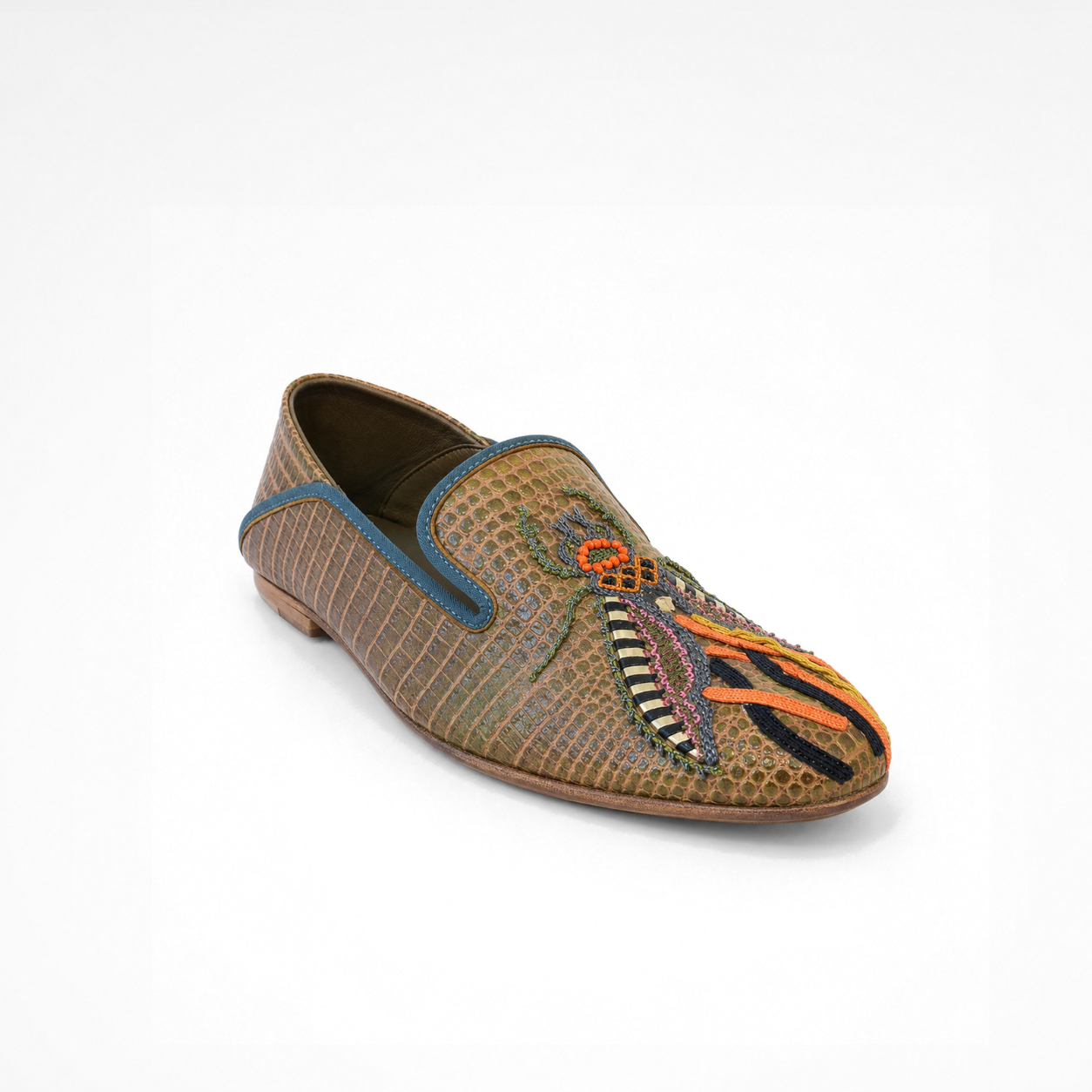 Olive-brown croc-effect leather Luna Loafer with blue piping and a detailed orange, pink and black insect motif