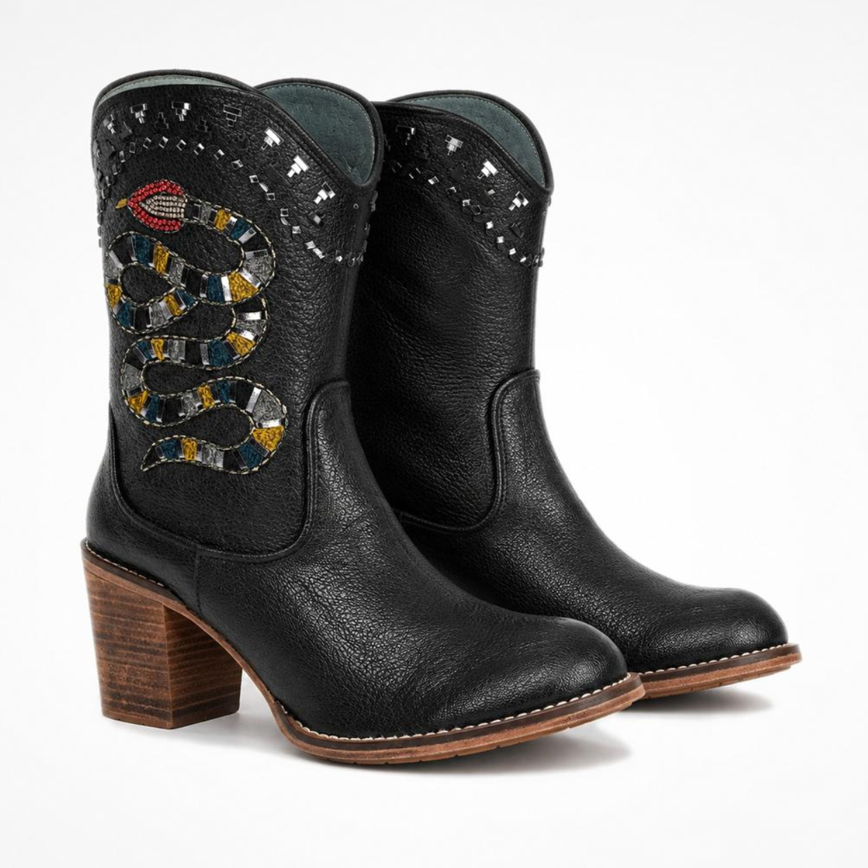 Pair of black leather NUWA heeled boots with embroidered snake panels, rounded toes and high block heels