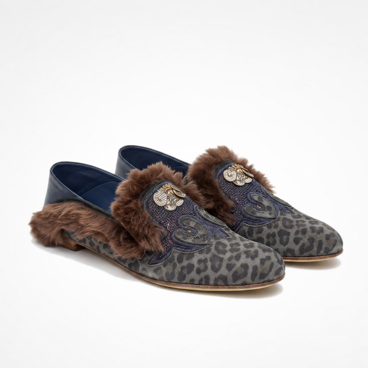 Pair of grey leopard-print Ottoman loafers with embroidered fronts, metallic embellishments and brown faux shearling
