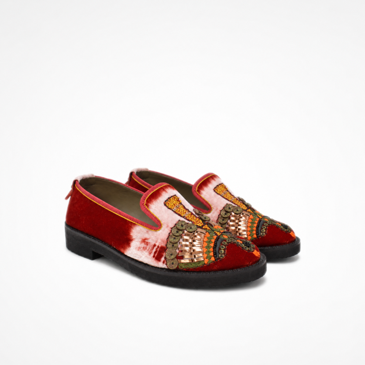 Red-and-cream tie-dye velvet ANZU loafers with embroidered bird motifs and black block soles