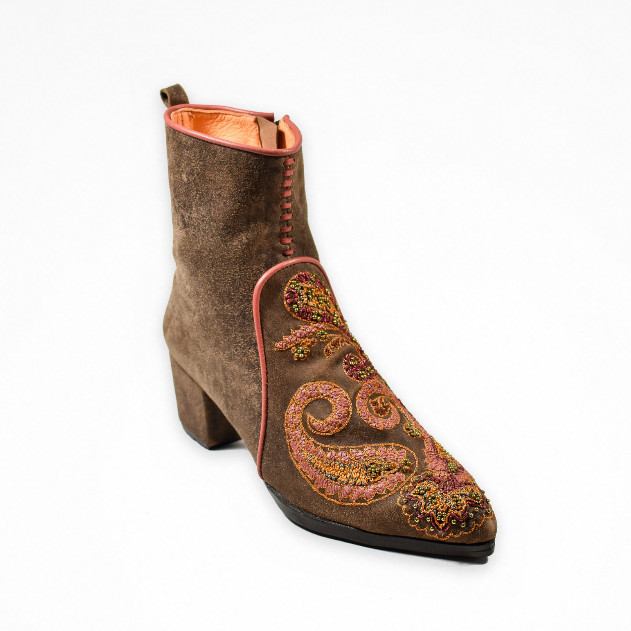 Distressed brown leather Phyllis Point heeled boot with pink, orange and olive paisley embroidery and coral piping