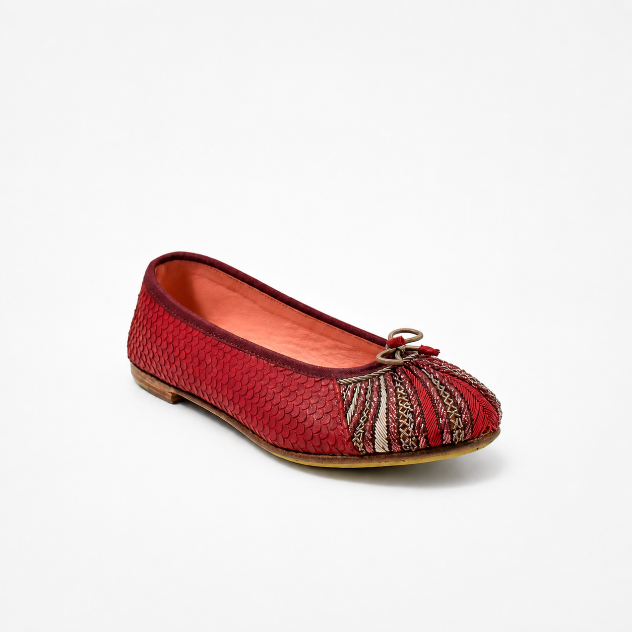 Cranberry-red textured leather Miami Ballet Flat with an embroidered rounded toe and contrasting bow