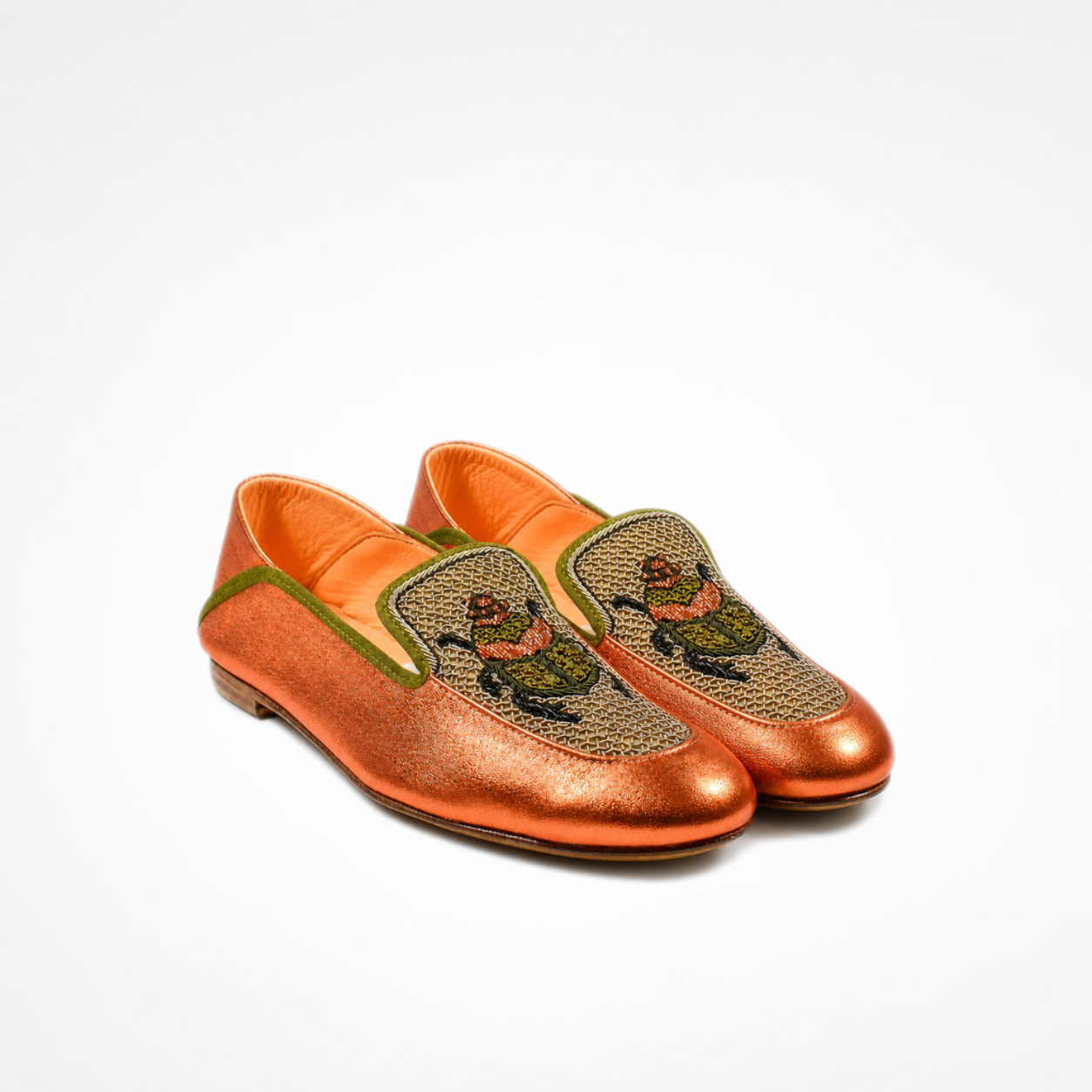 Pair of metallic orange leather Scarab Loafers with embroidered scarab motifs, olive trim and flexible leather soles