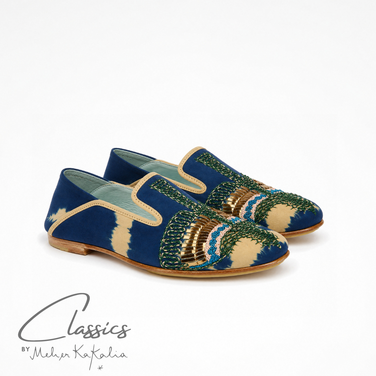Blue and beige tie-dye suede ANZU loafer with hand-embroidered vamp, angled view