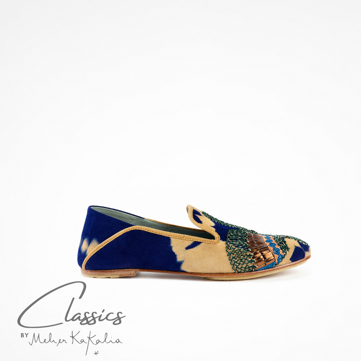 Blue and beige tie-dye suede ANZU loafer with hand-embroidered vamp, side view