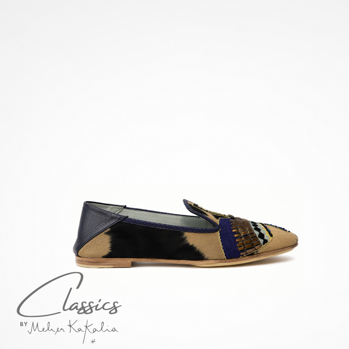 Black and beige tie-dye suede ANZU loafer with hand-embroidered vamp, side view