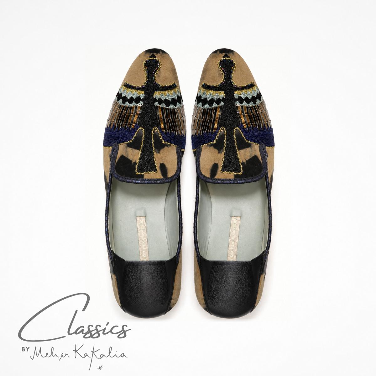 Pair of black and beige tie-dye suede ANZU loafers with hand embroidery, top view