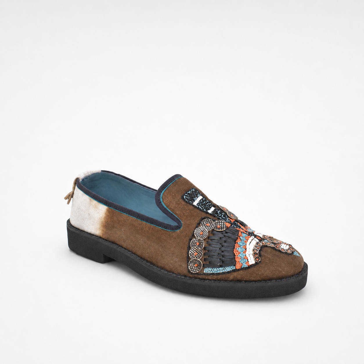 Handcrafted grey-and-cream velvet ANZU loafer with multicolour embroidery and leather appliqué details