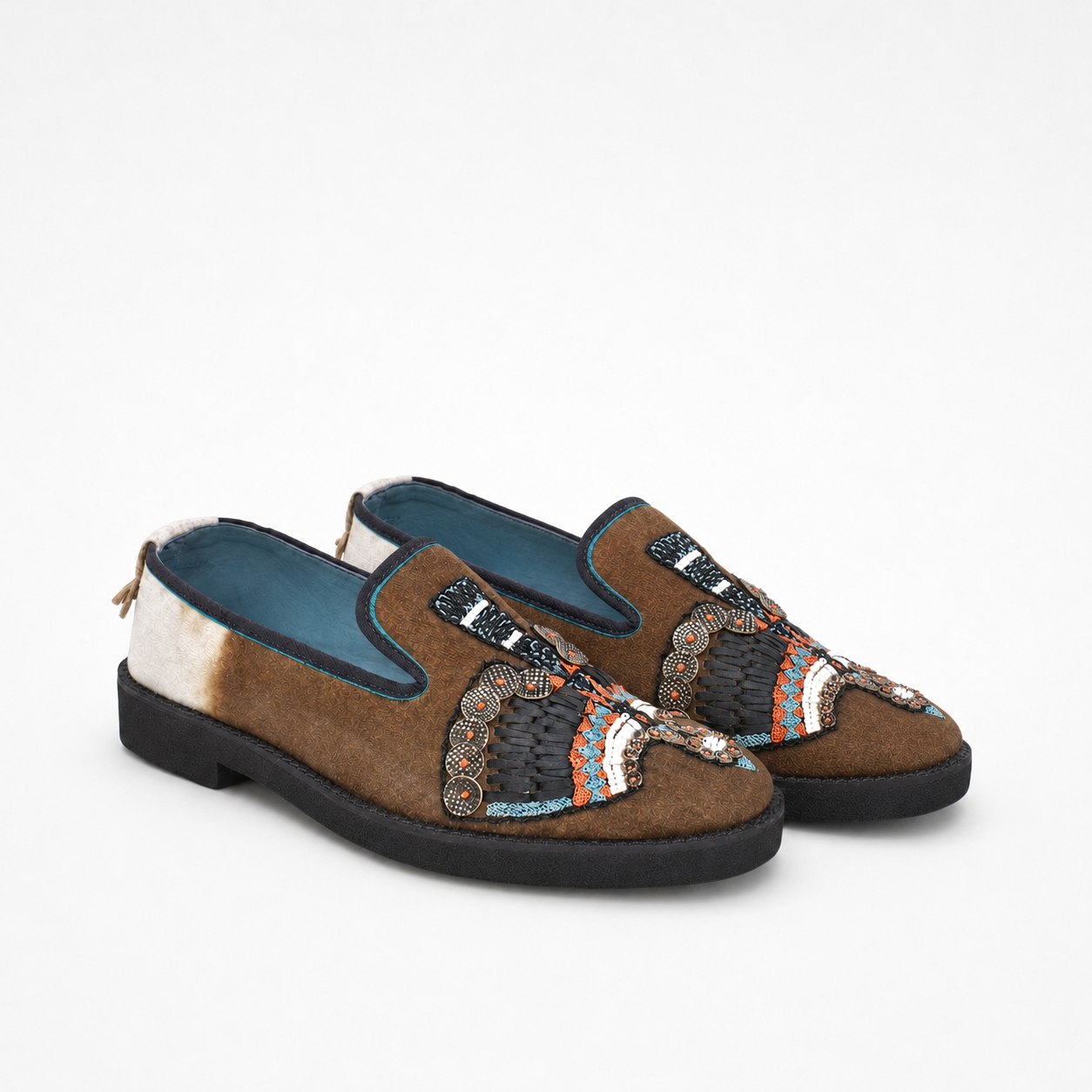 Grey-and-cream tie-dye velvet ANZU loafers with embroidered bird motifs and black block soles