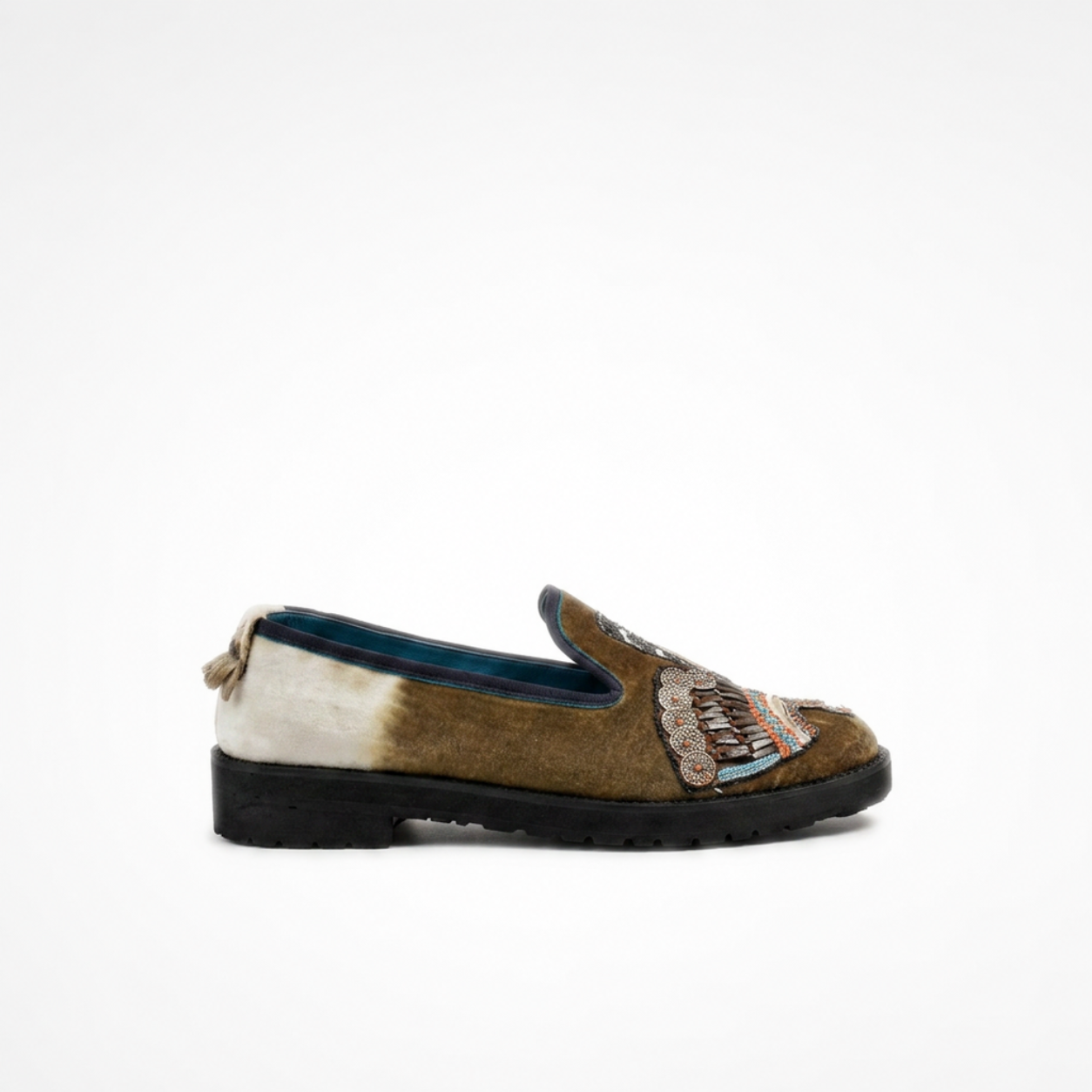 Side view of grey-and-cream tie-dye velvet ANZU loafer with a lightweight black EVA sole