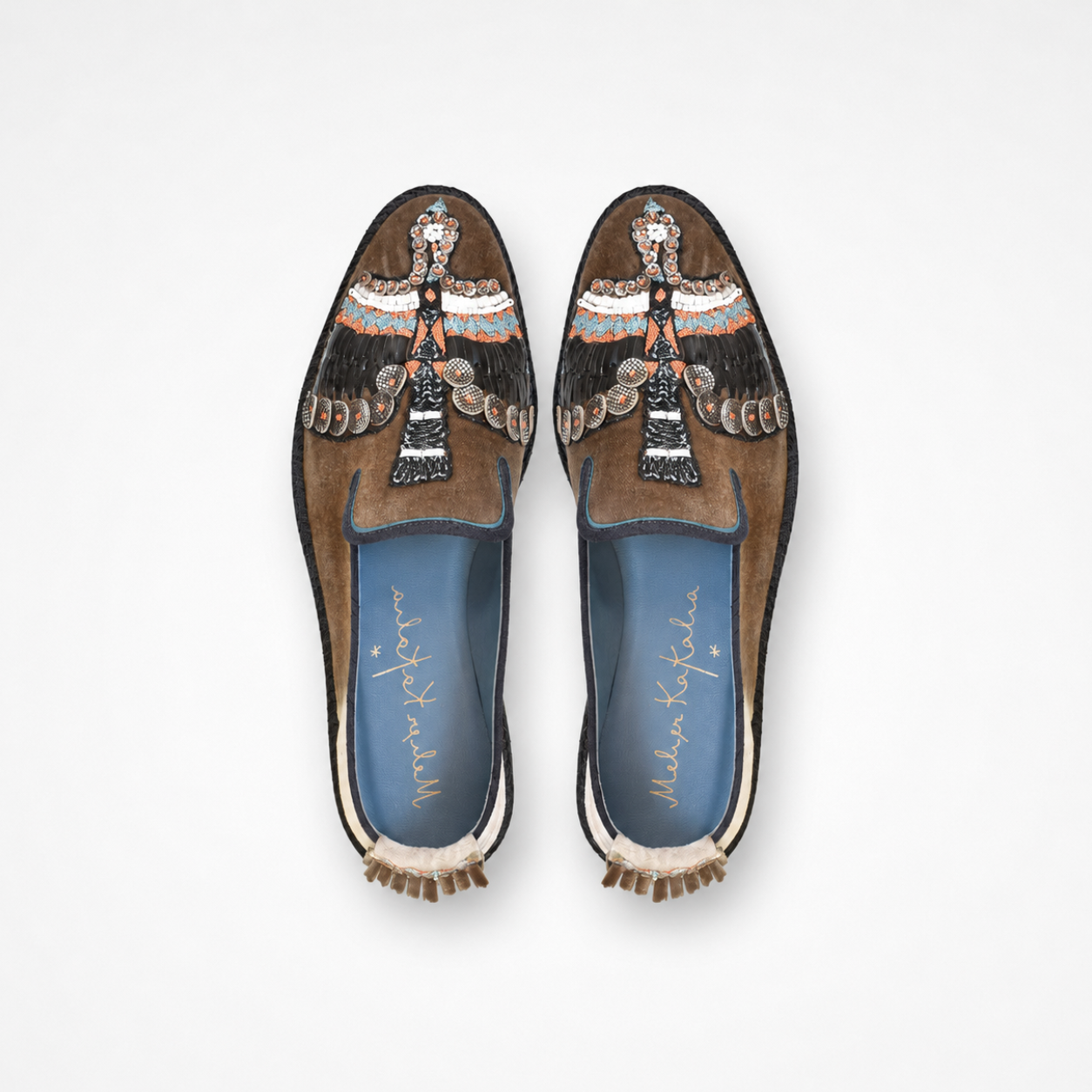 Pair of grey-and-cream tie-dye velvet ANZU loafers with multicolour bird embroidery