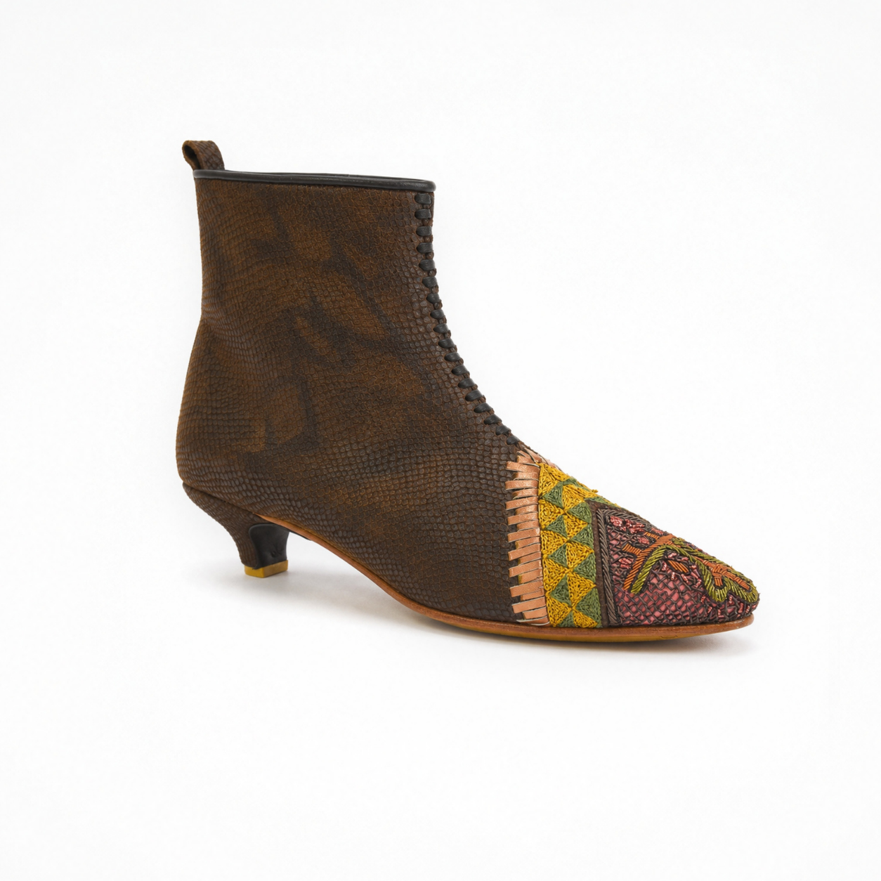 Brown textured leather Astrid heeled boot with multicolour embroidered toe panels, leather lacing and low kitten heel
