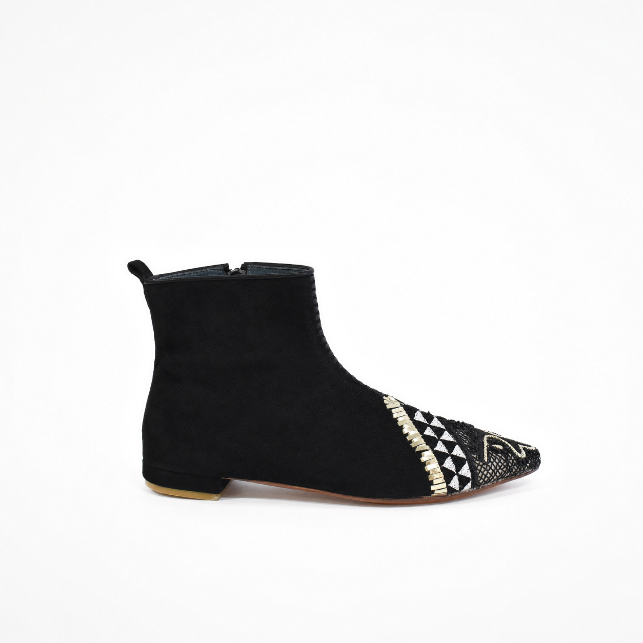 Black suede ankle boot with low heel, geometric embroidery and metallic trim