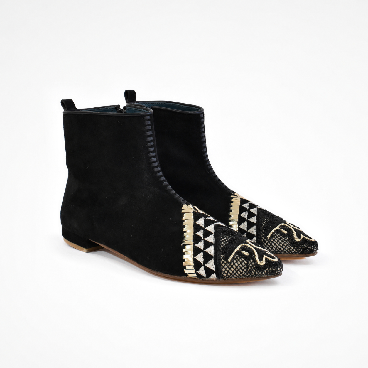Pair of Astrid ankle boots in black suede with black-and-cream embroidered pointed toes