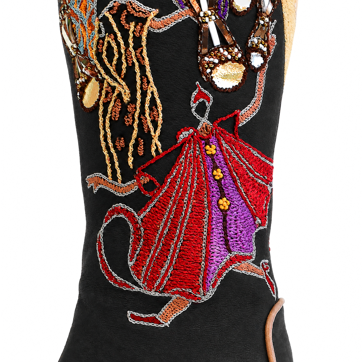 Atlas Boot in brown nubuck leather, front view showing multicolour embroidery and decorative piping