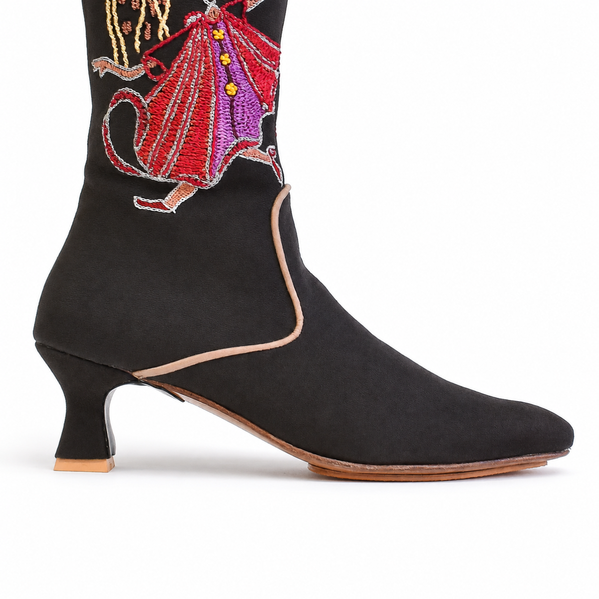 Side view of nubuck brown Atlas Boot with sculptural low heel