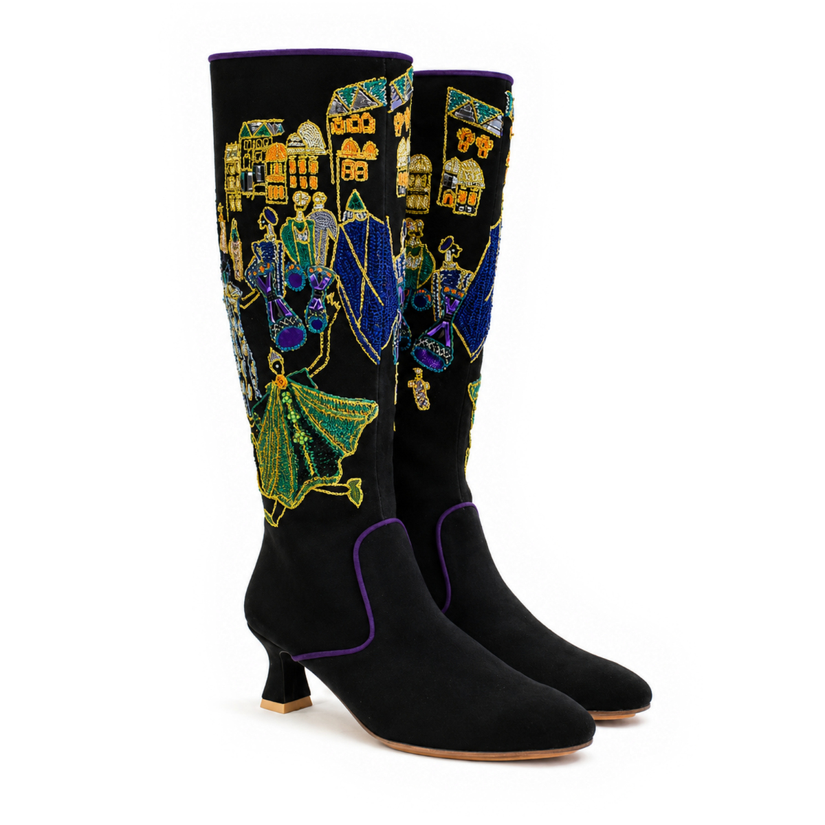 1. Pair of black suede Atlas Boots with colourful hand-embroidered shafts