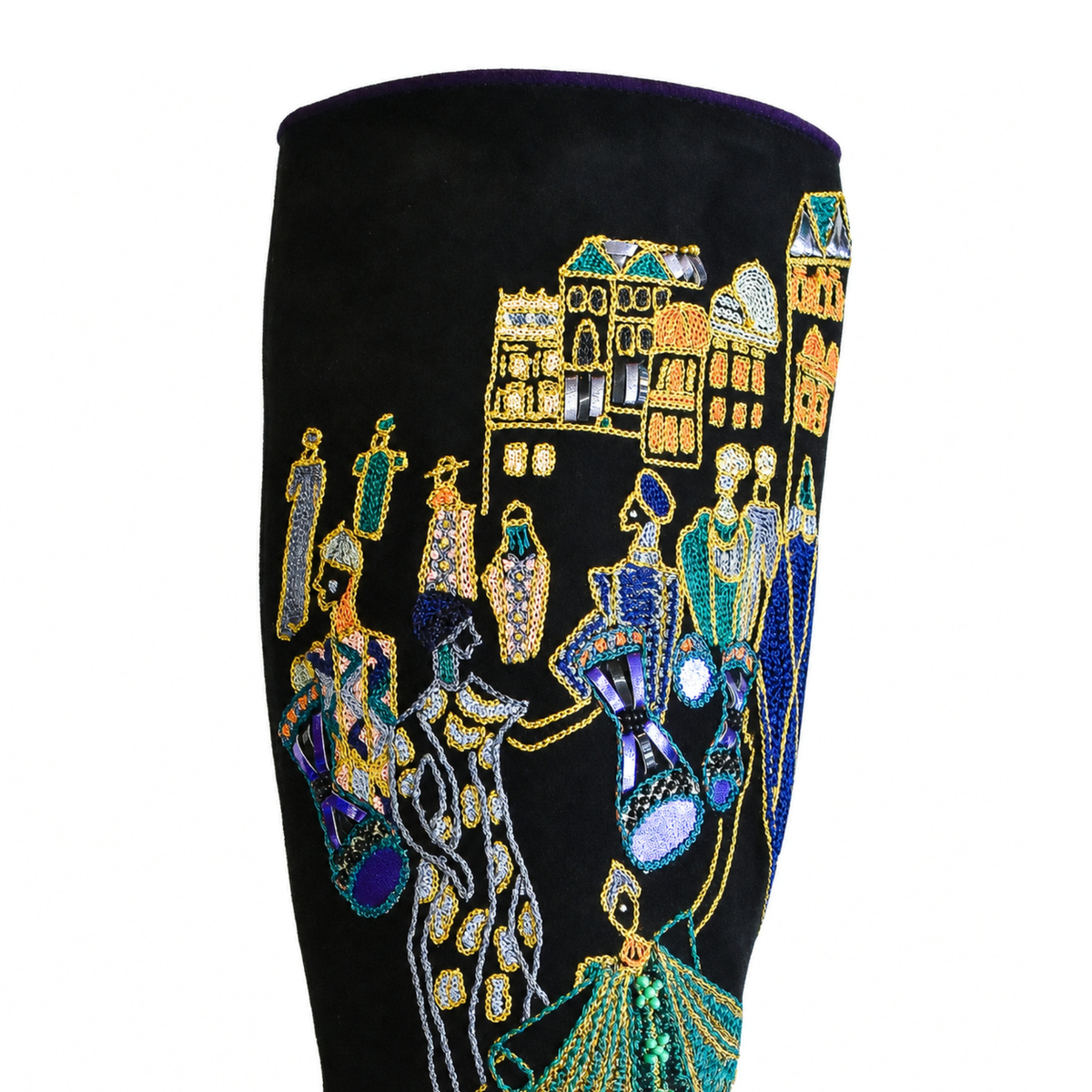 Close-up of architectural hand embroidery on black suede Atlas Boot