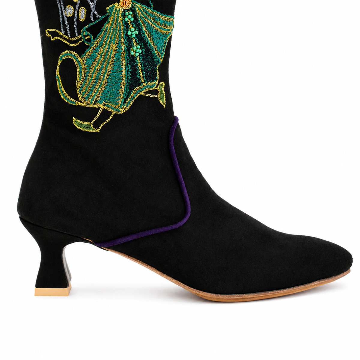 Black suede Atlas Boot with green hand embroidery and purple piping