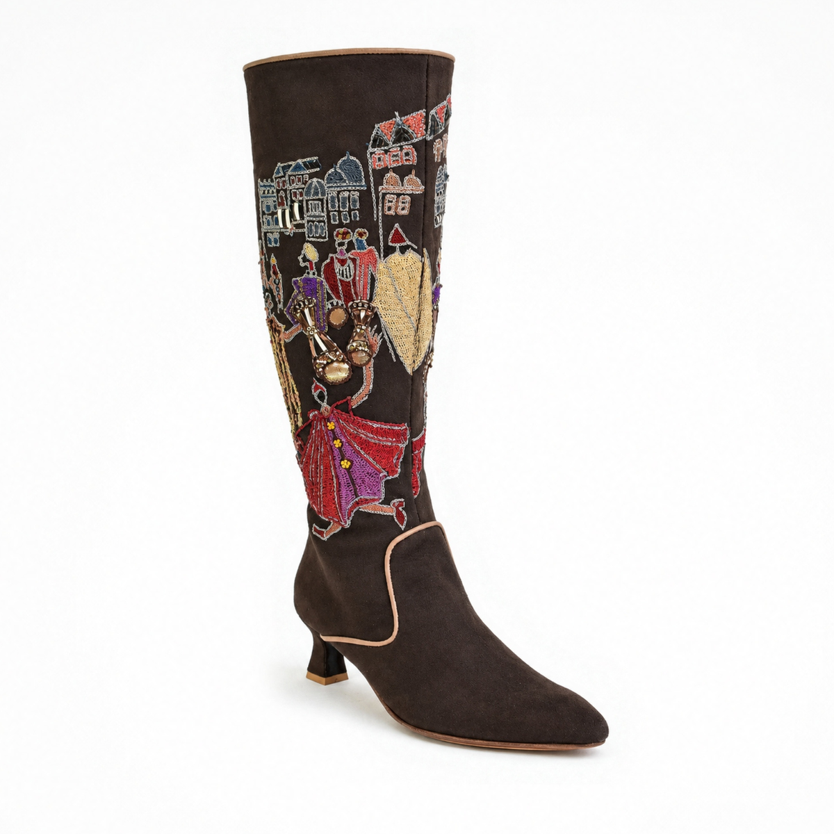 Atlas Boot in brown nubuck leather, angled view with embroidered knee-high shaft and pointed toe