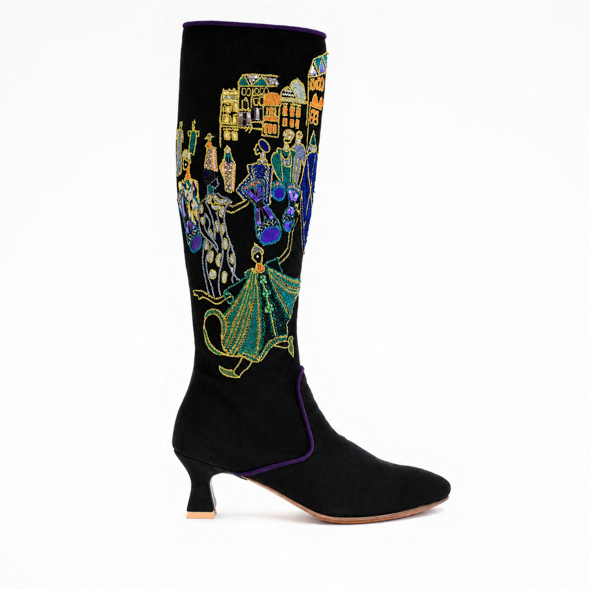 Atlas Boot in black suede, side view with embroidered shaft and sculpted low heel