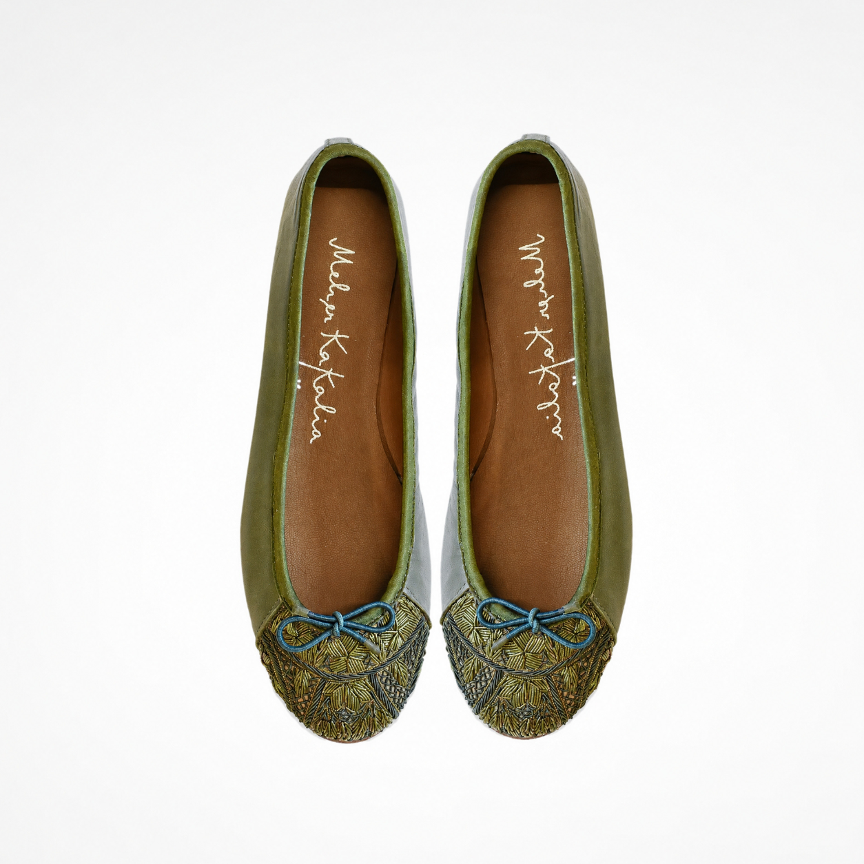 Pair of Bizi Ballet Classic flats in olive leather showing tonal embroidered toe panels and bows