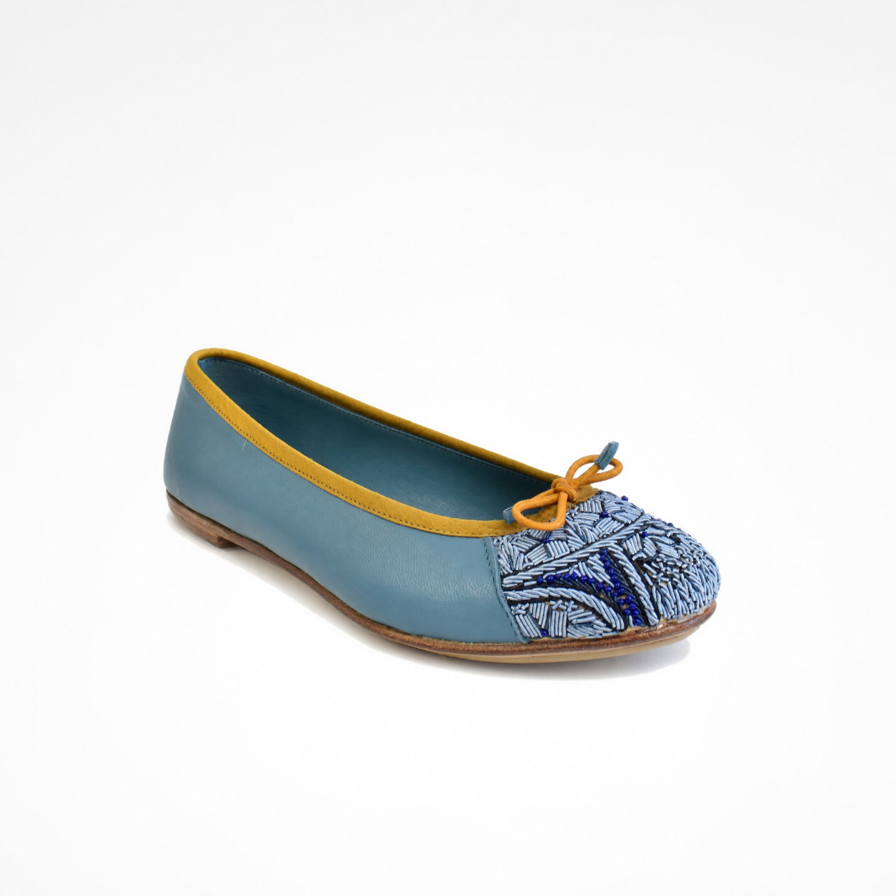 Bizi Ballet Classic flat in shadow blue leather with embroidered blue toe panel and bow detail