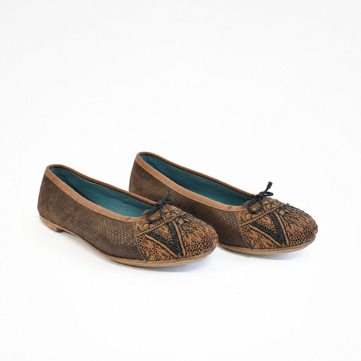 Pair of Bizi Ballet Prima flats in textured brown leather with chocolate and black embroidered toe caps