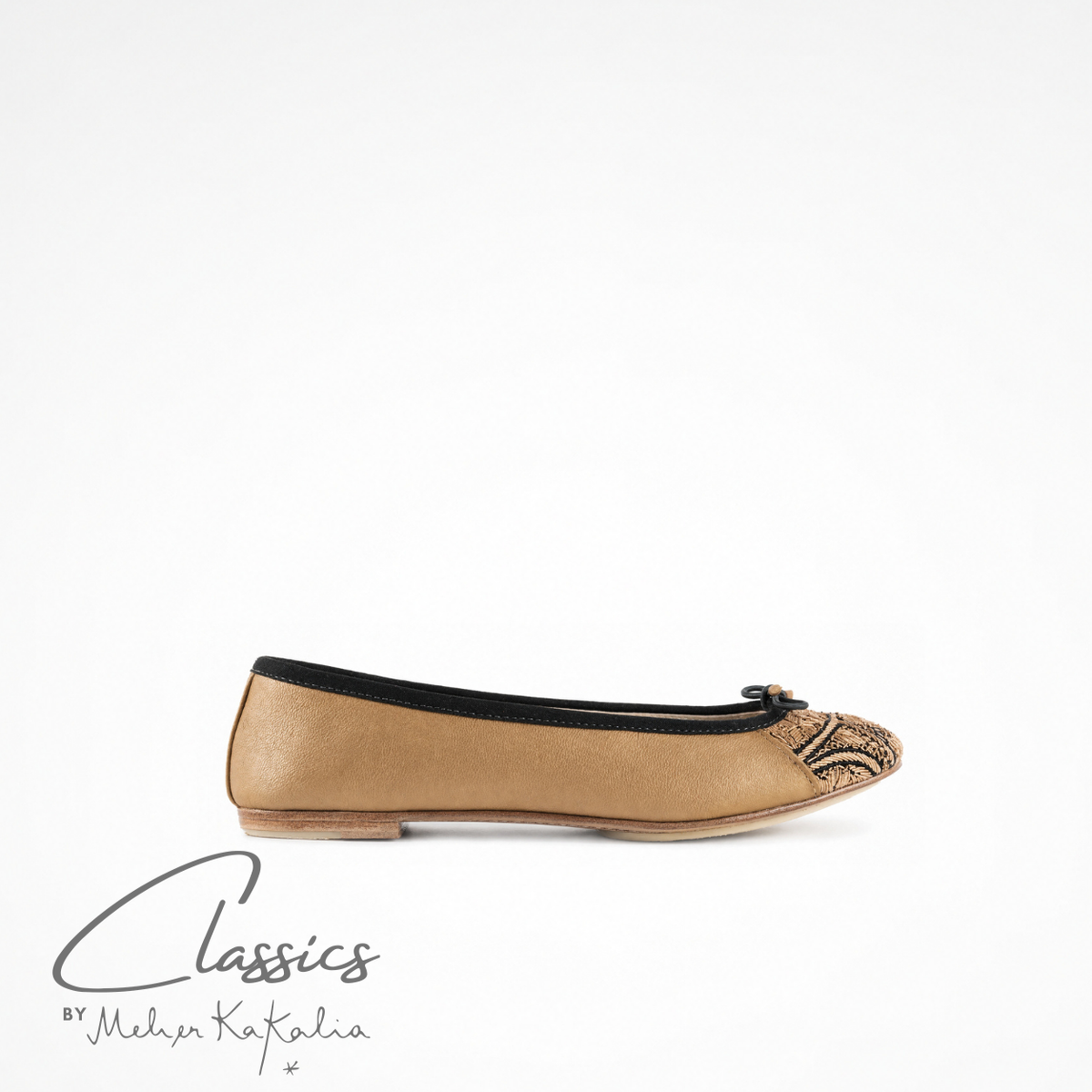 Gold leather BIZI ballet flat with hand-embroidered toe cap, side view