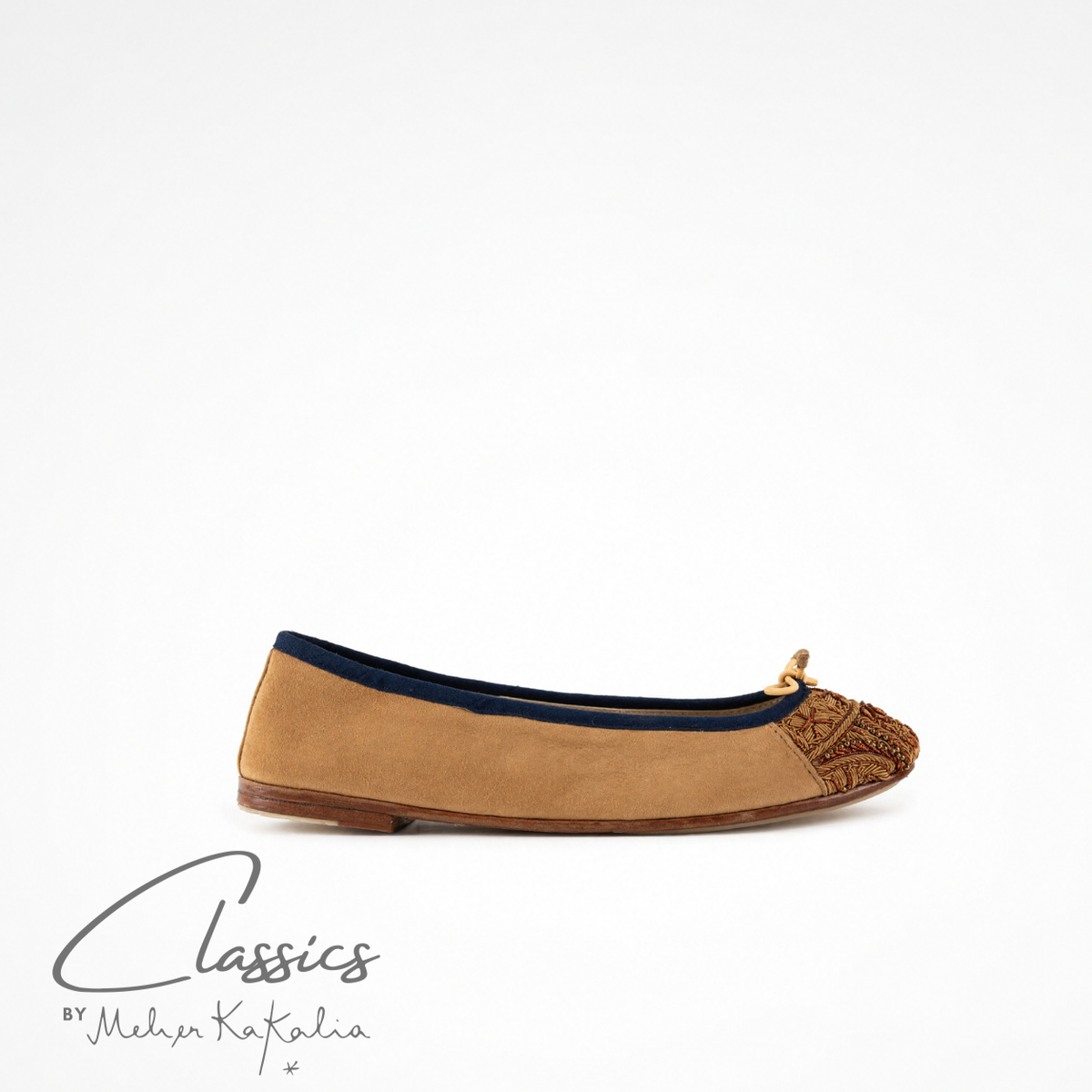Brown suede BIZI ballet flat with hand-embroidered toe cap, side view