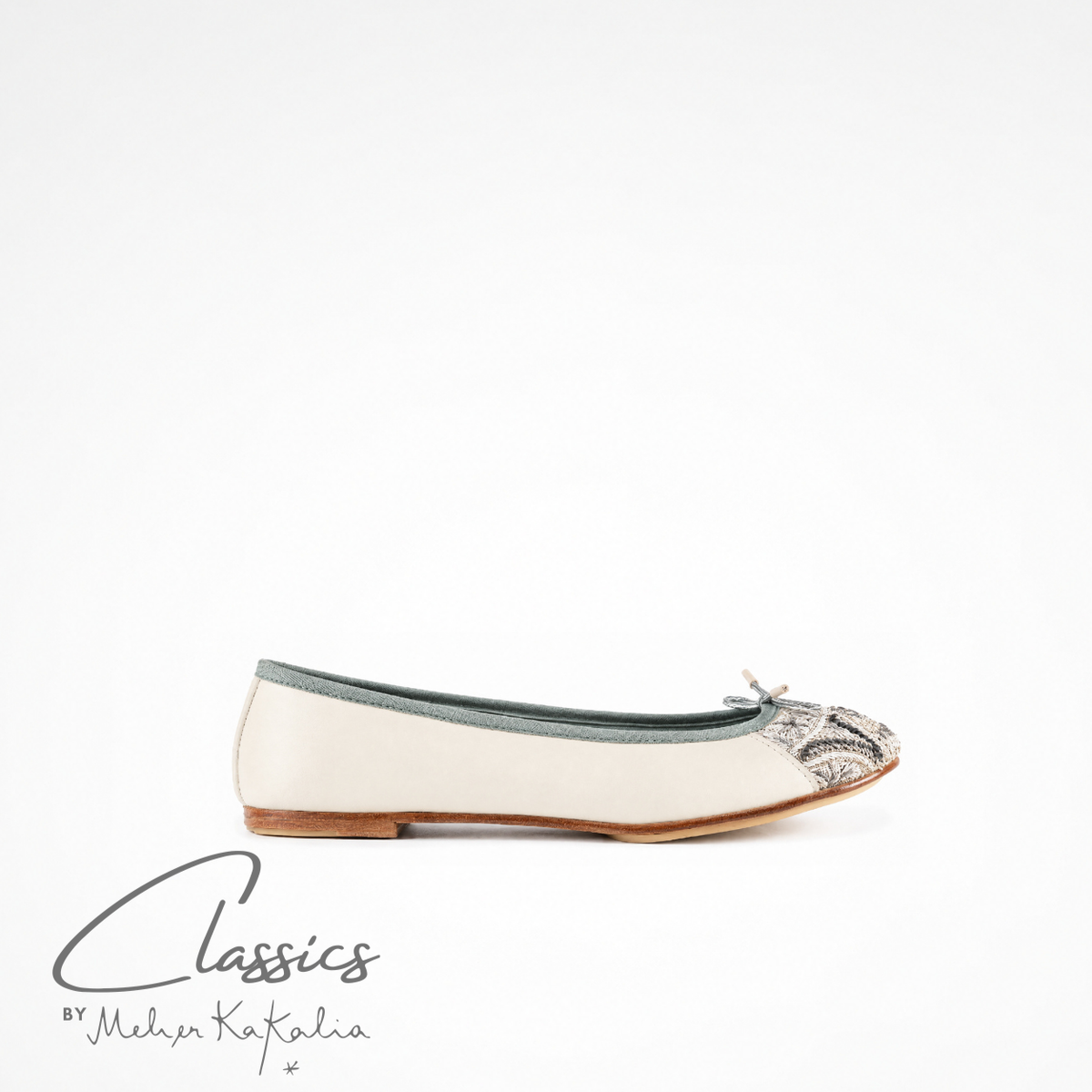 White leather BIZI ballet flat with hand-embroidered toe cap, side view
