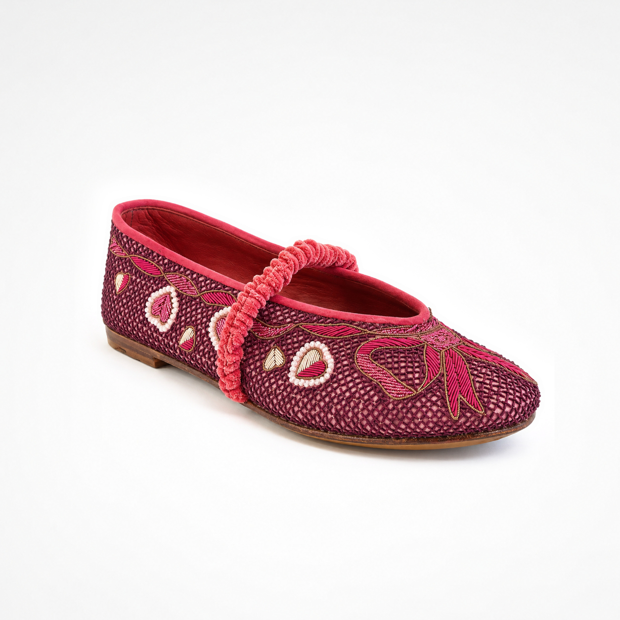 Darcey Mary Jane ballet flat in burgundy with all-over embroidery, heart motifs and ruched pink strap