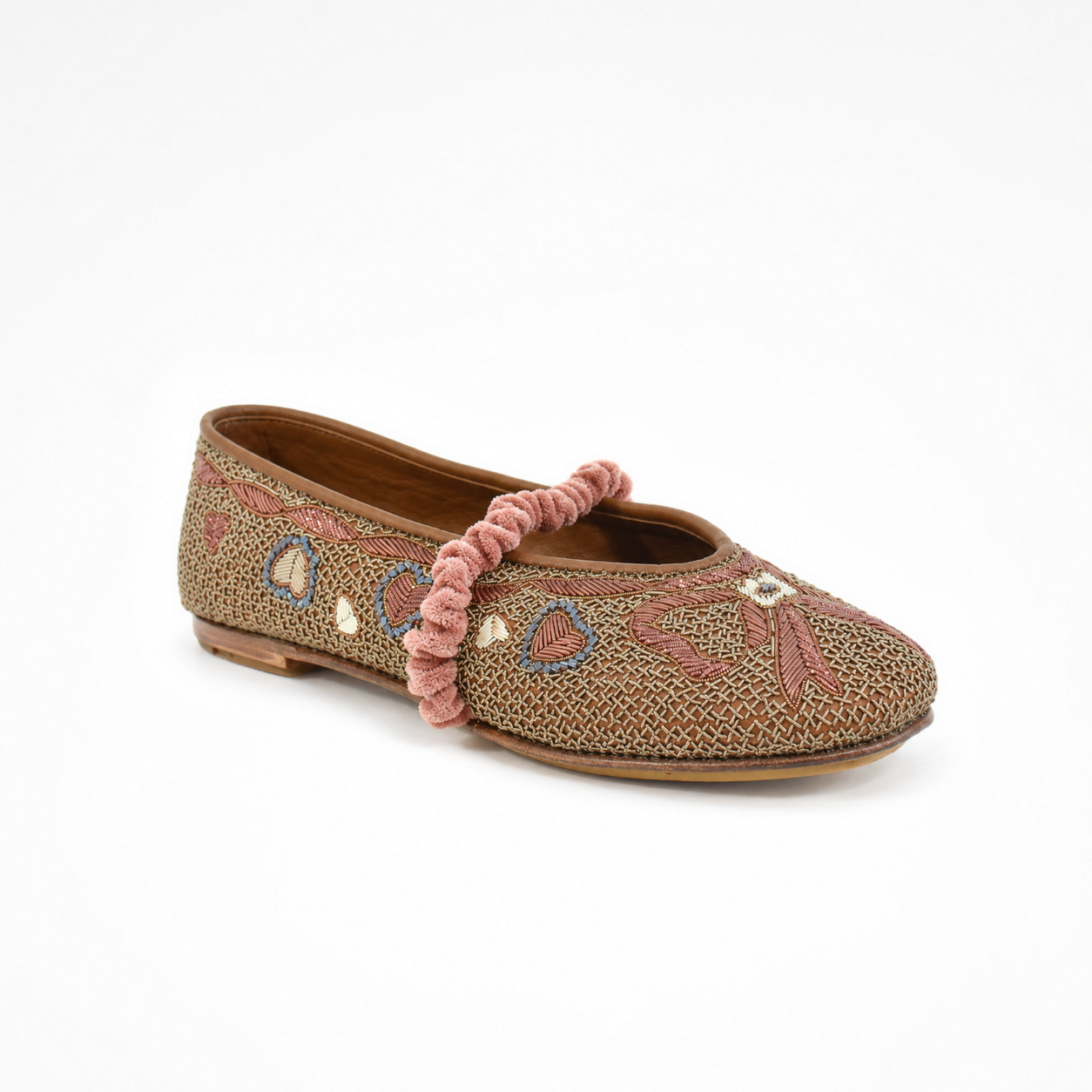 Darcey Ballet flat in copper with embroidered bow and heart details and ruched strap
