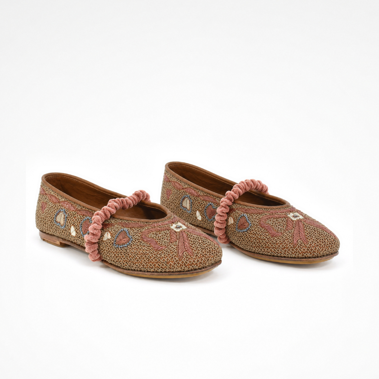 Pair of Darcey Ballet flats in copper with all-over embroidery, bow motifs and soft pink ruched straps