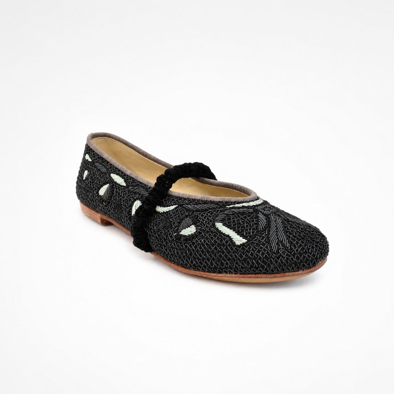 Darcey Ballet flat in black and teal with embroidered bow motifs and ruched strap