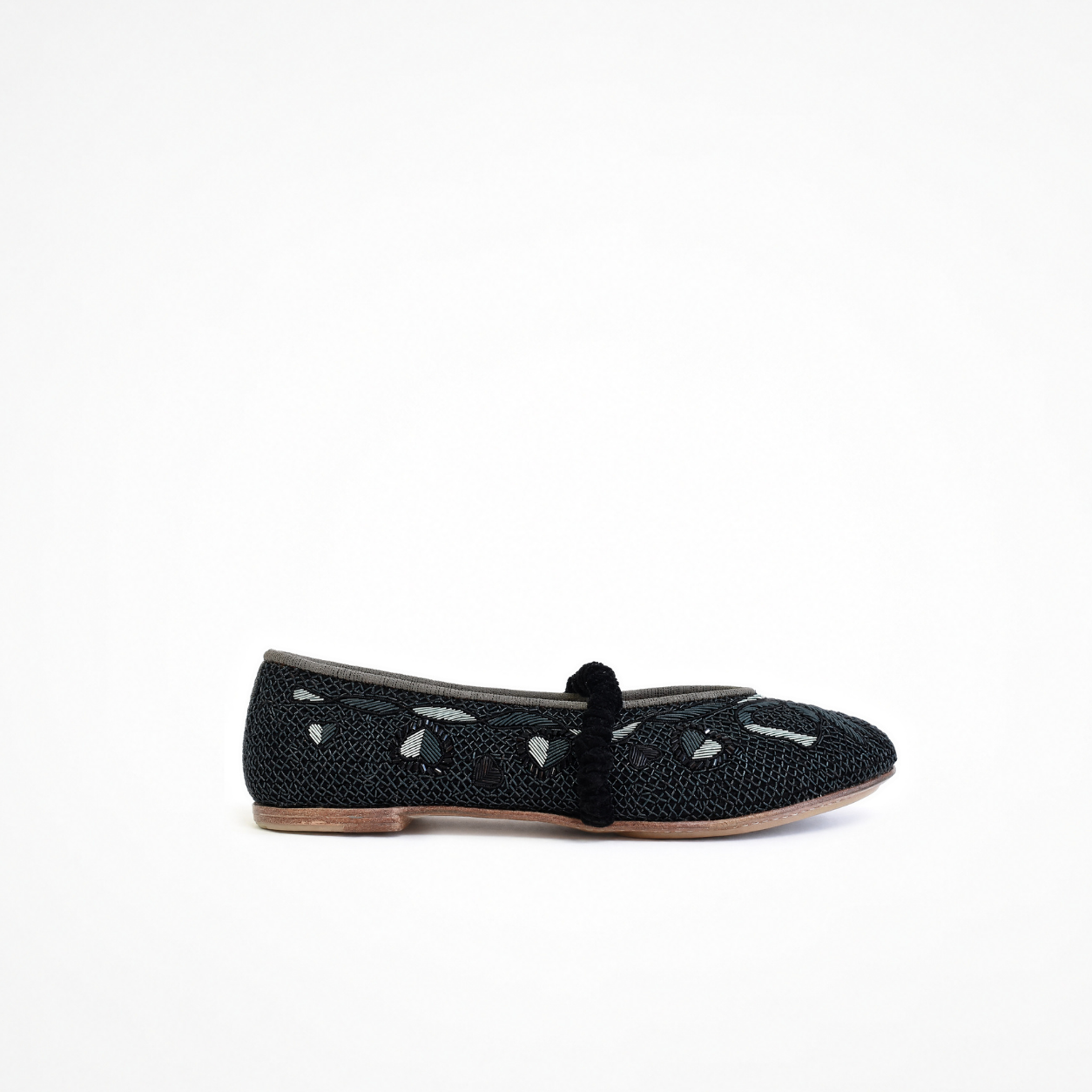 Darcey Ballet flat in black and teal, side view showing all-over embroidery and black ruched strap