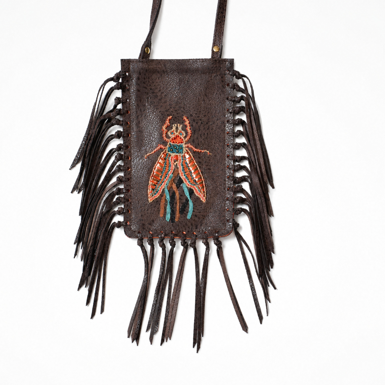Close-up of the Venice Teddy brown leather FRINGE Phone Bag with embroidered insect motif and leather fringe