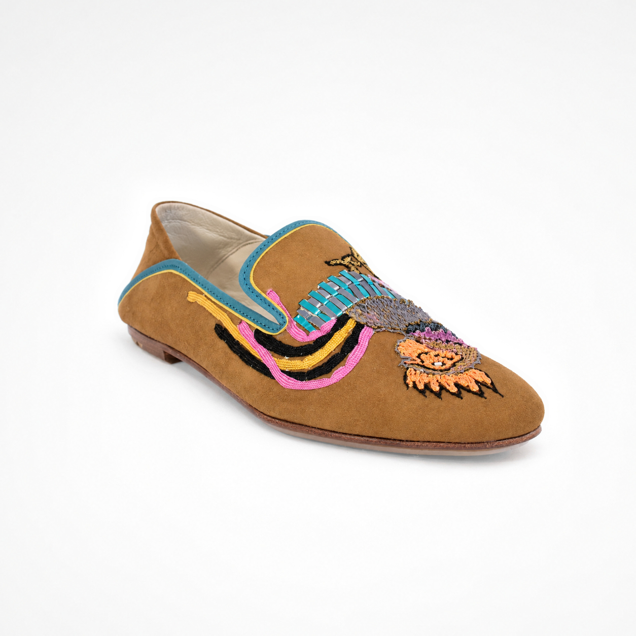 Halaka Moccasin in spice suede with multicolour embroidered bird motif and blue piping