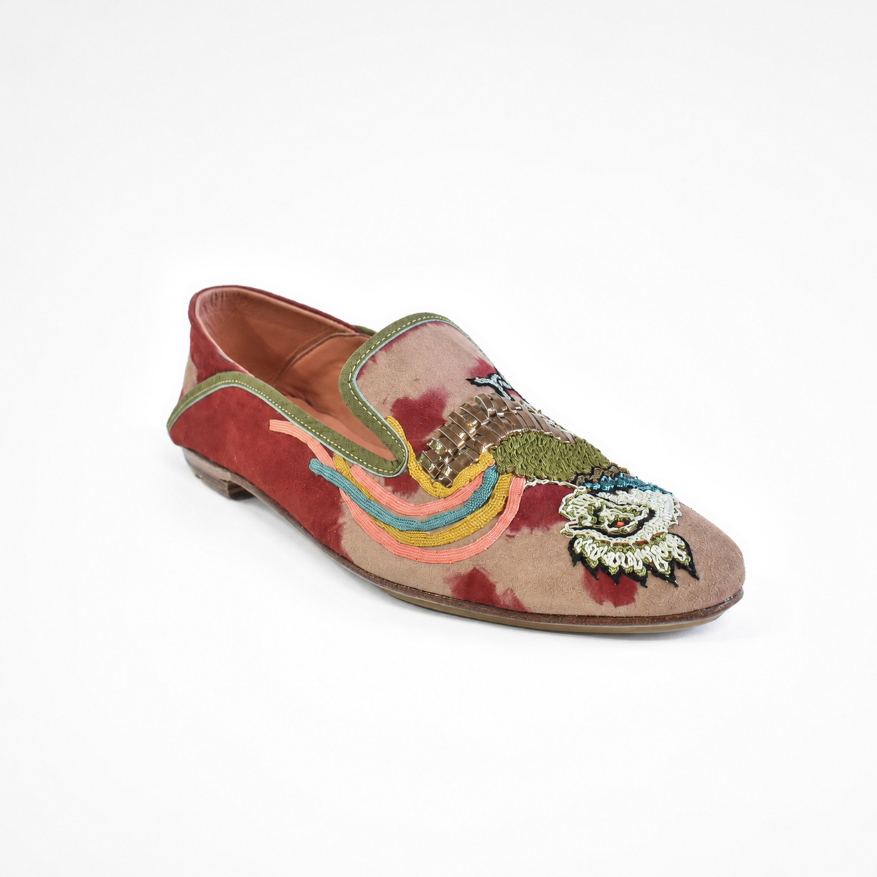 Tie-dye suede moccasin in red and beige with multicolour embroidered bird motif