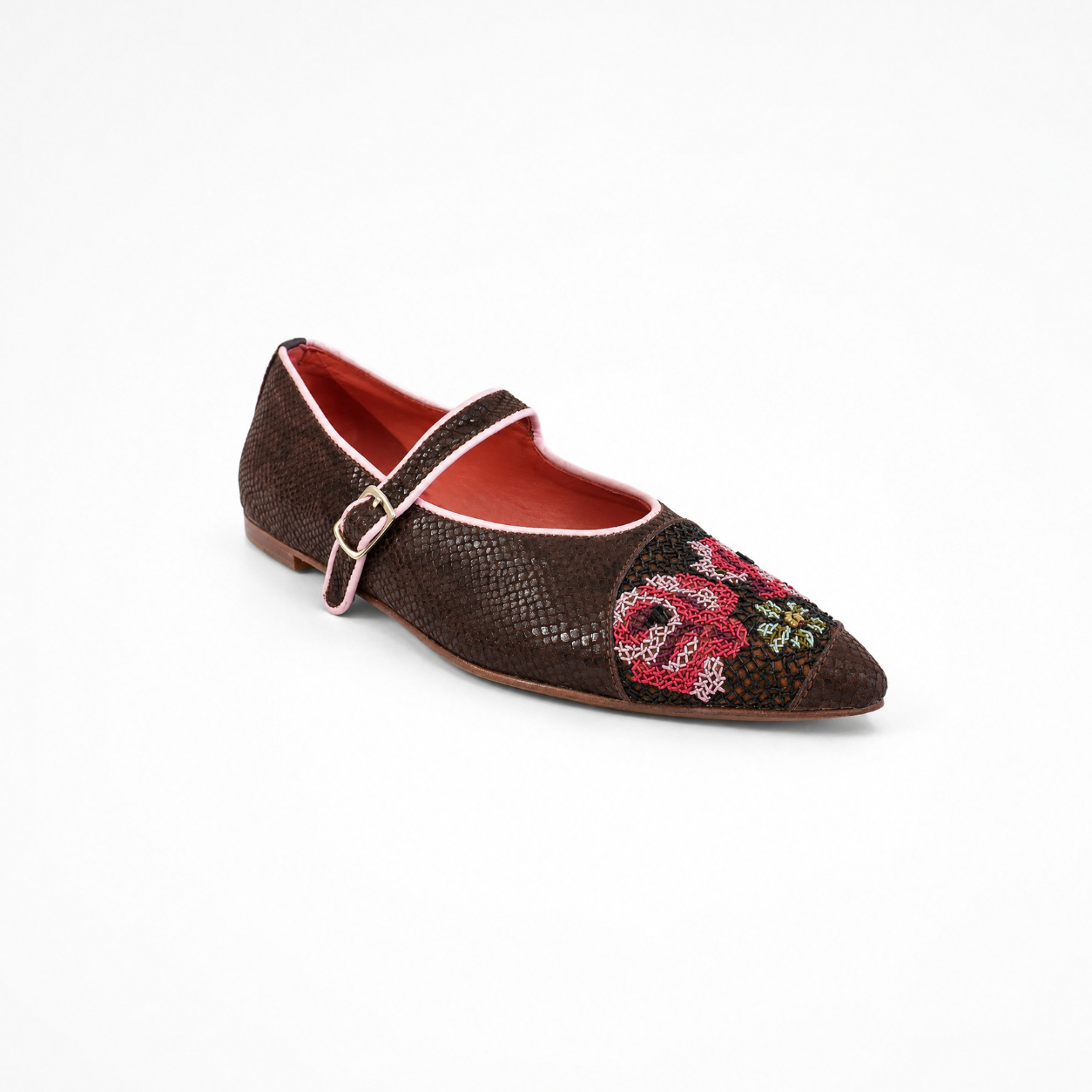 Chocolate-brown textured leather Nora Point Mary Jane flat with a pointed embroidered toe and buckle strap