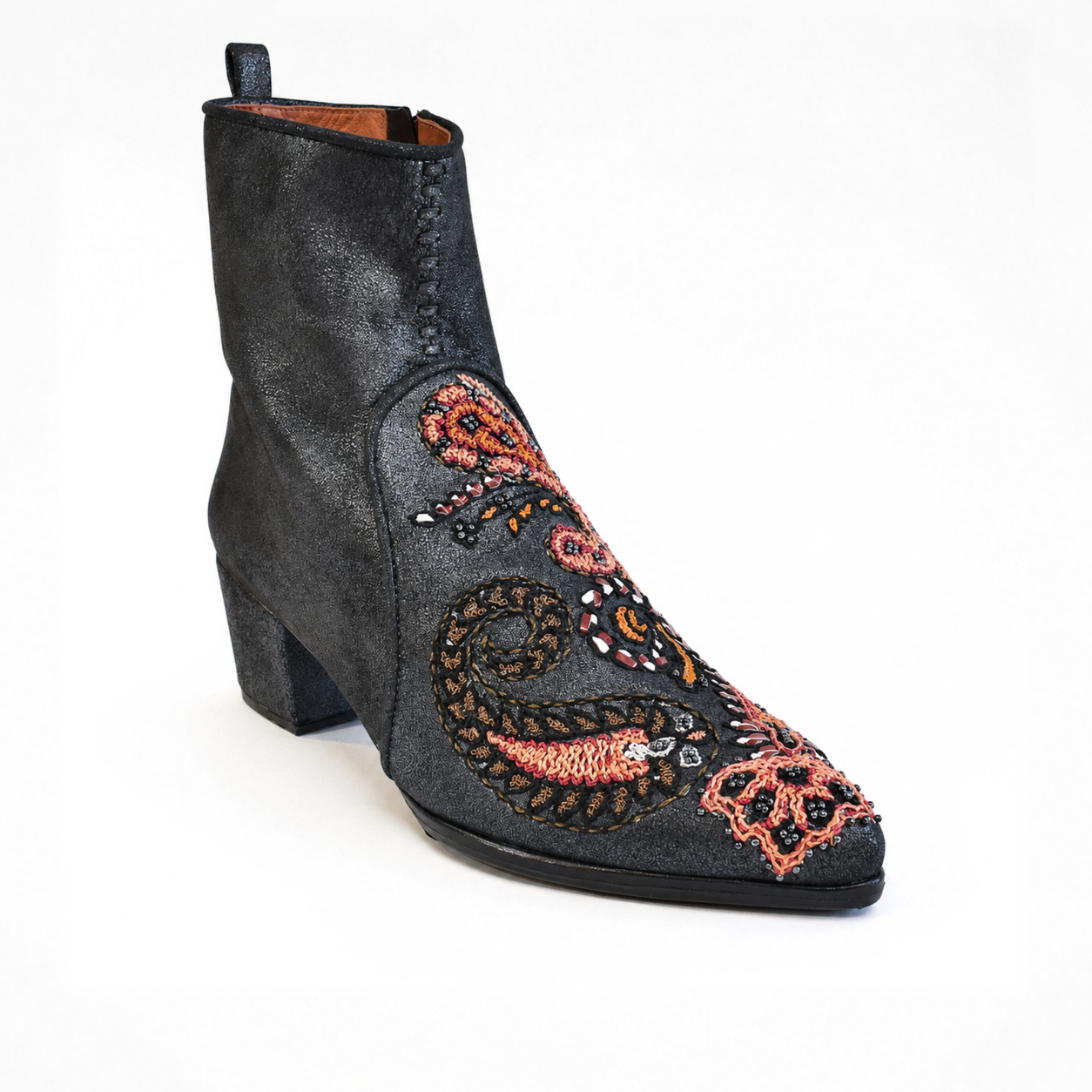 Shiny black leather Phyllis Point heeled boot with coral, orange and metallic paisley embroidery and a pointed toe
