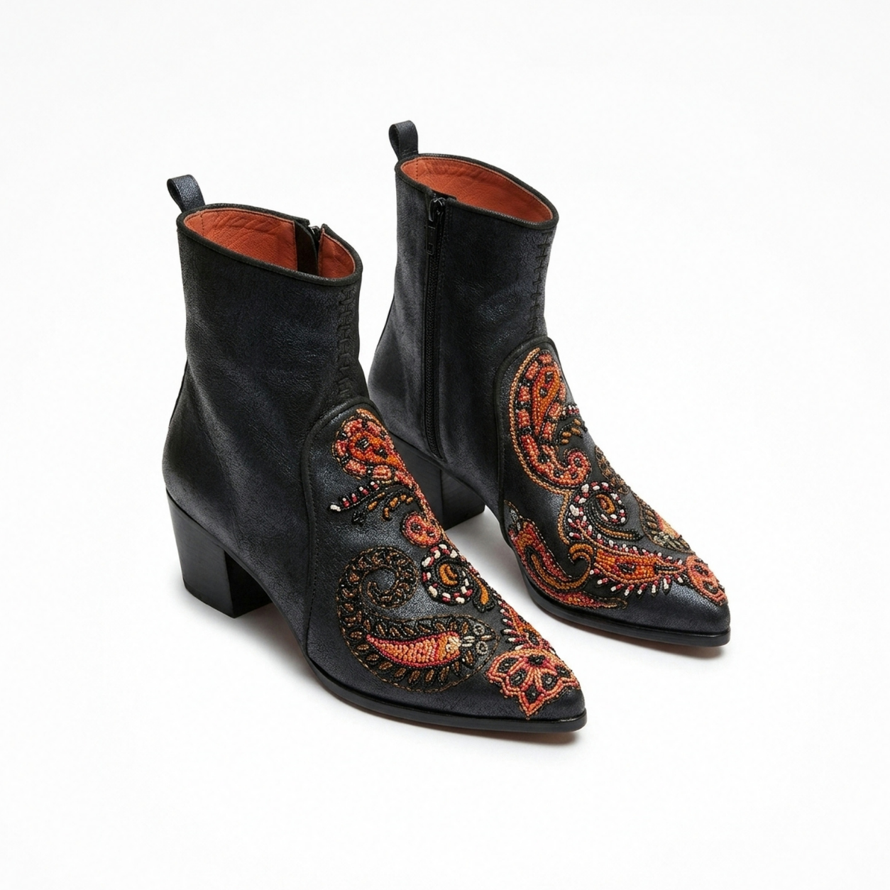Pair of shiny black leather Phyllis Point heeled boots with pointed toes, block heels and multicolour paisley embroidery