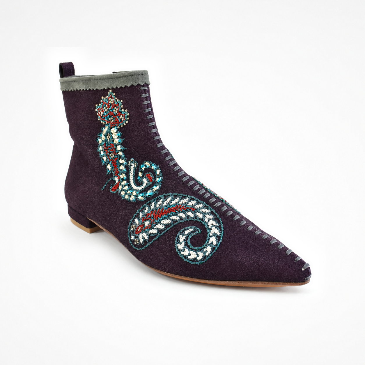 Bell burgundy ankle boot with paisley embroidery, pointed toe and decorative front stitching